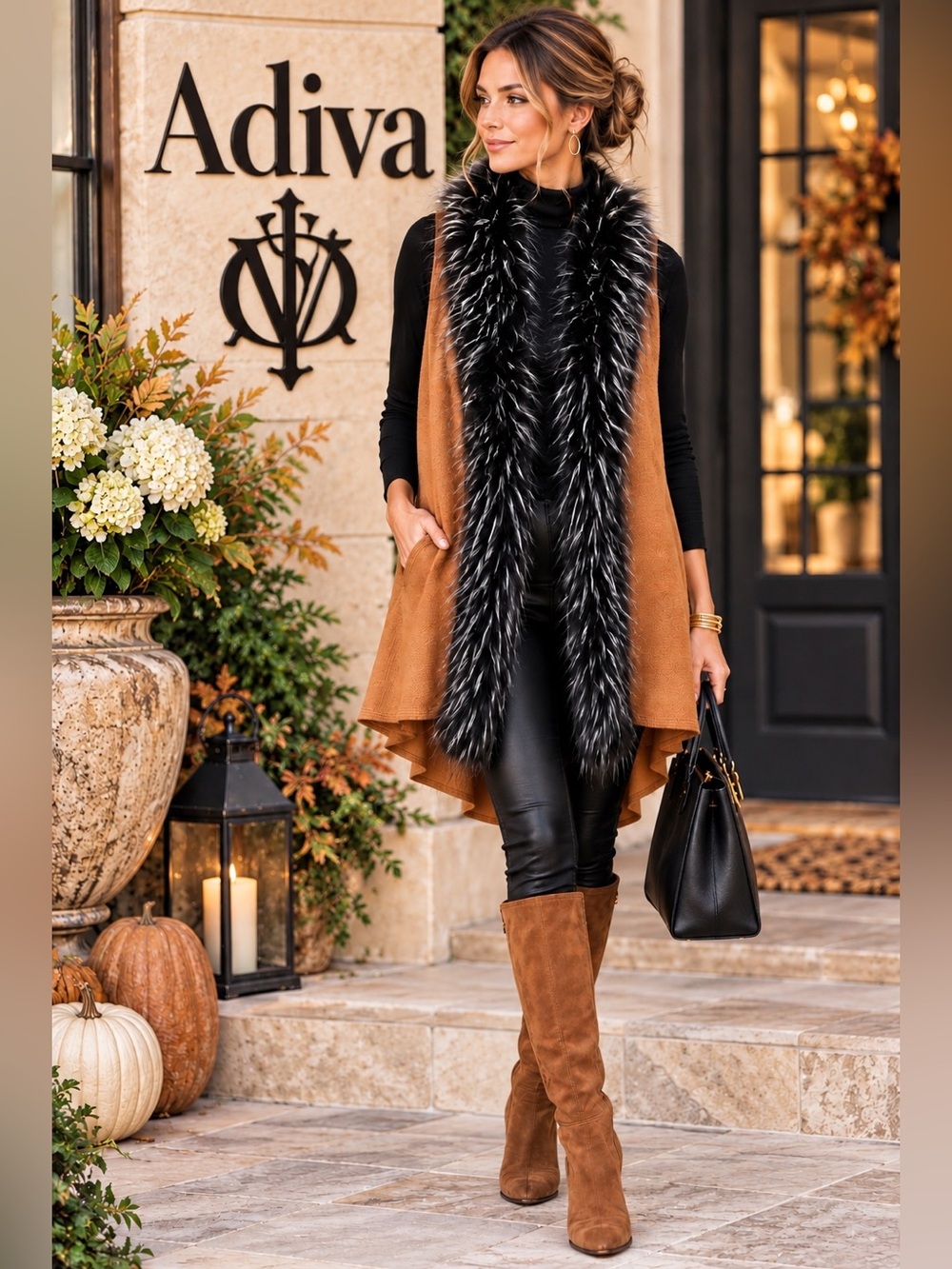 NWT,ADiva Faux Fur Trim Draped High Low Longline Knit Vest Boho Luxe Size OS